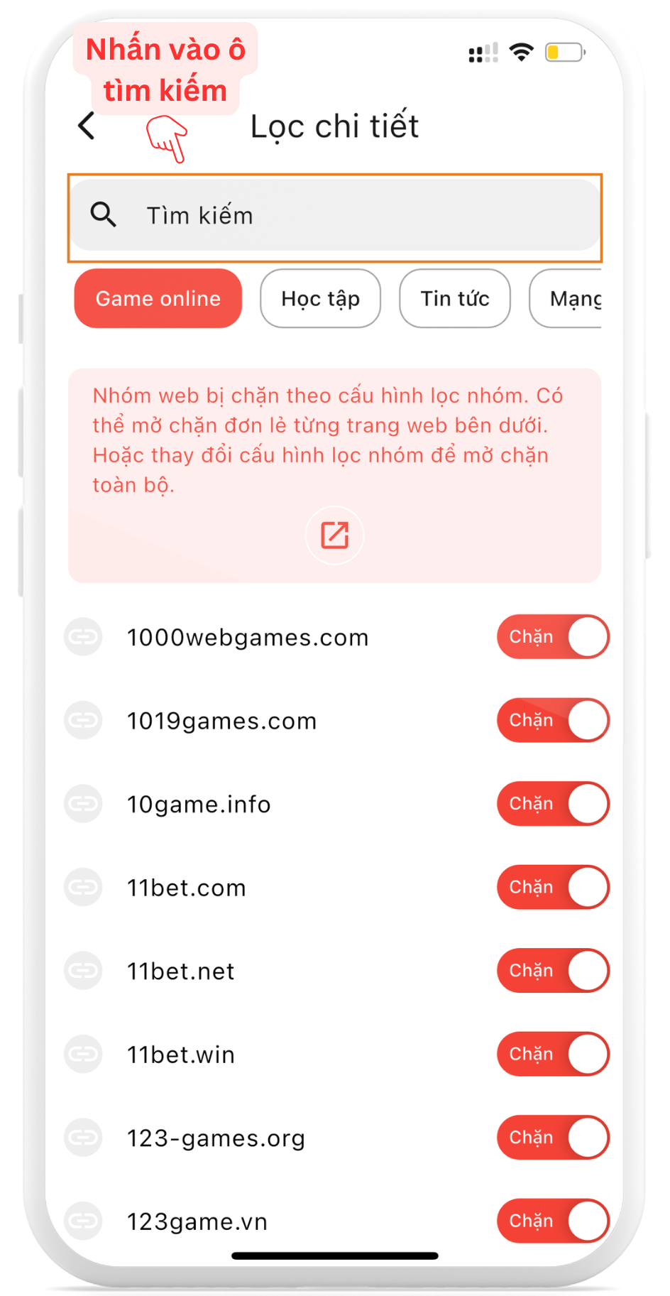Tab lọc chi tiết