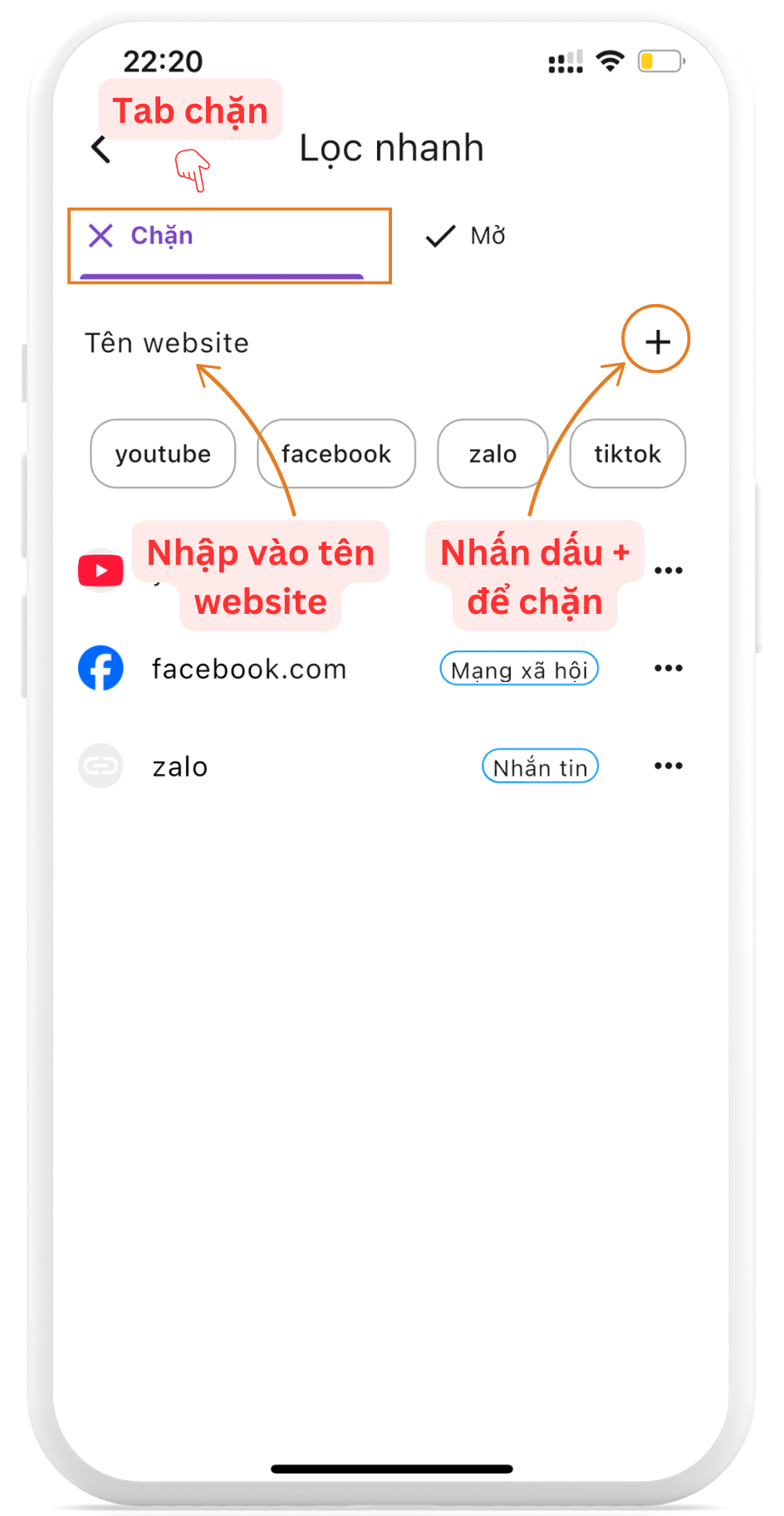 Chặn nhanh youtube, facebook, zalo, tiktok