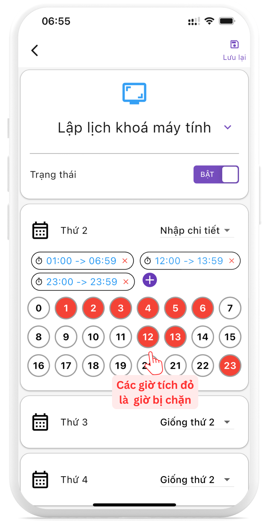 Màn hình lập lịch khoá máy