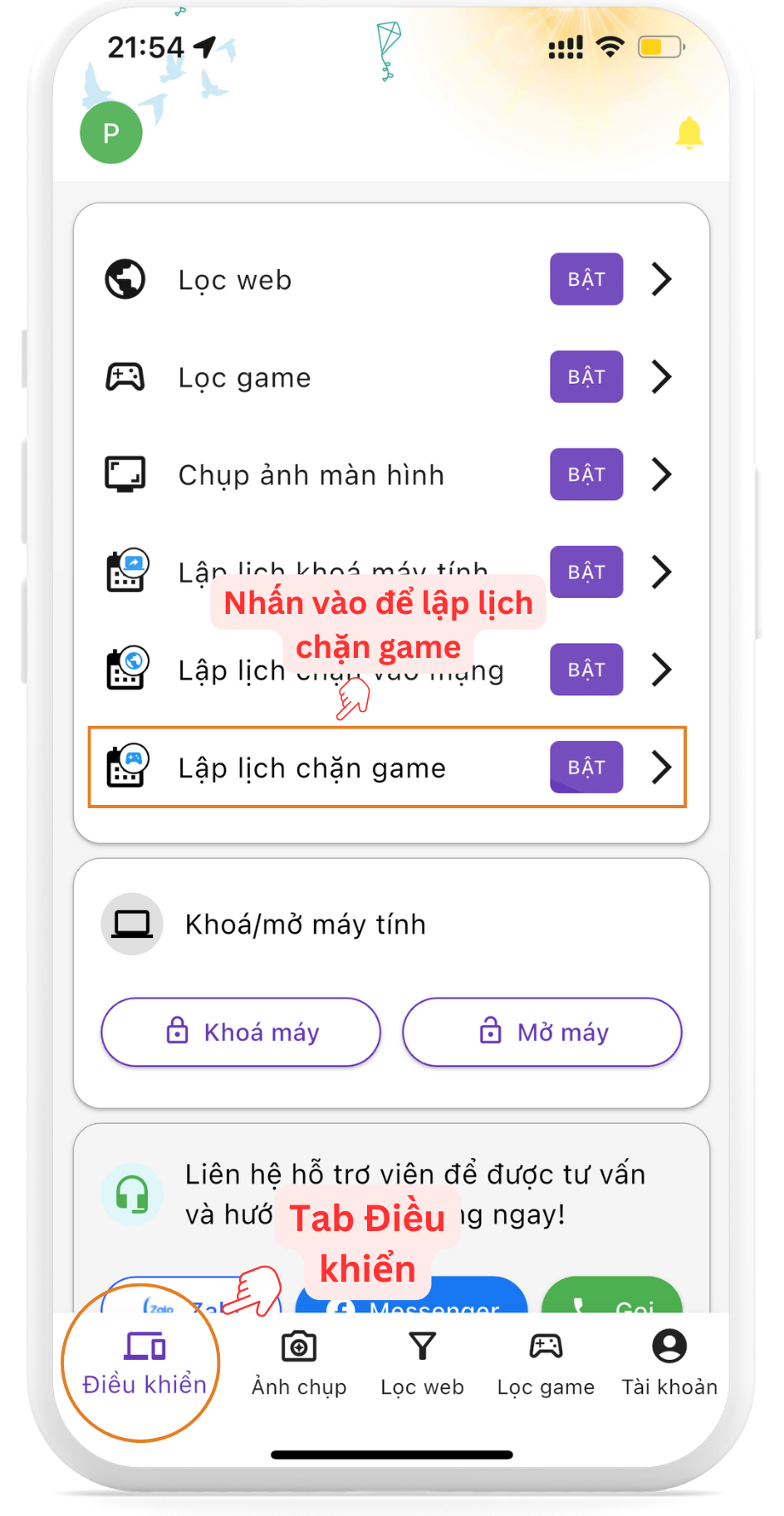 Chức năng lập lịch chặn game