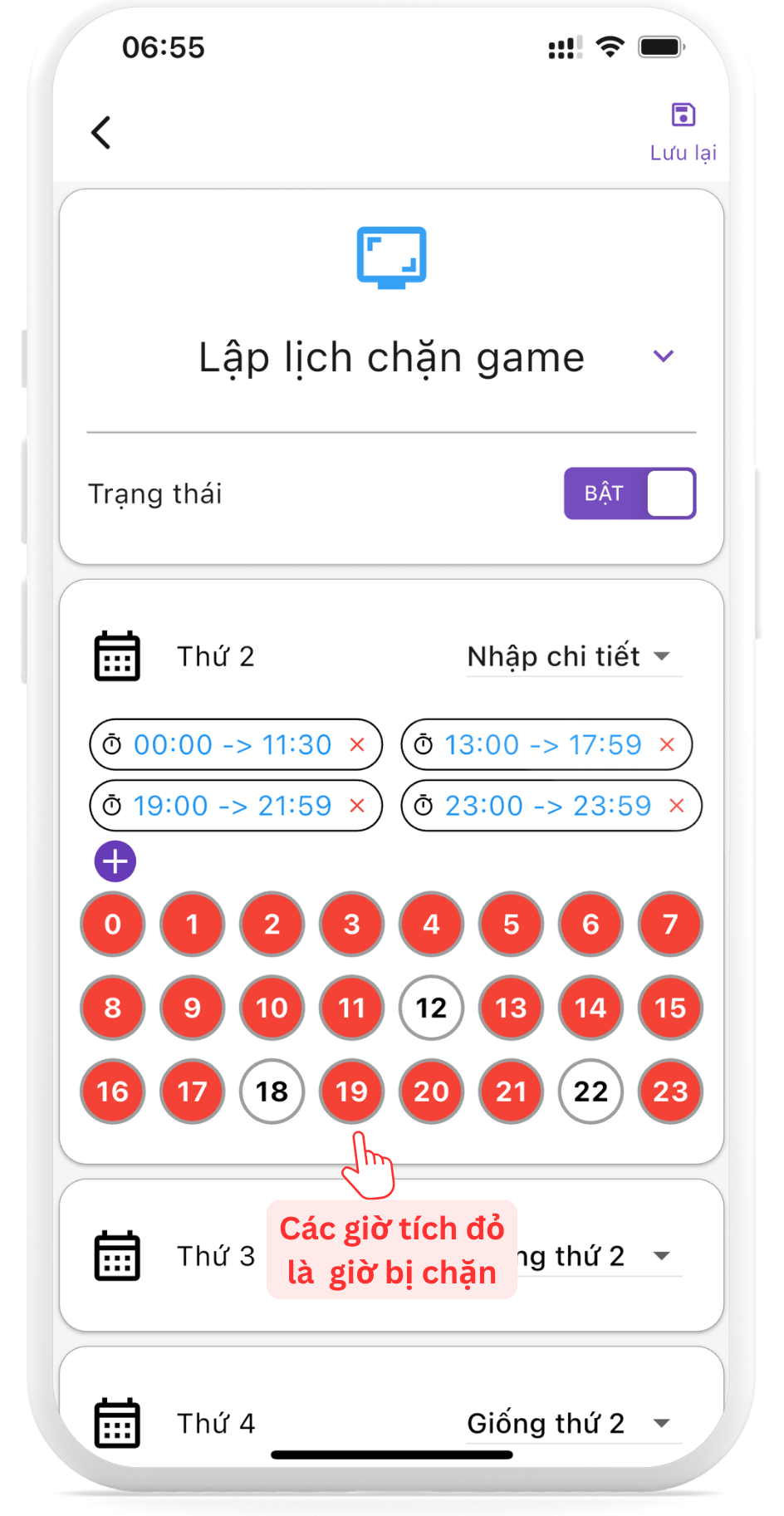 Màn hình lập lịch chặn game