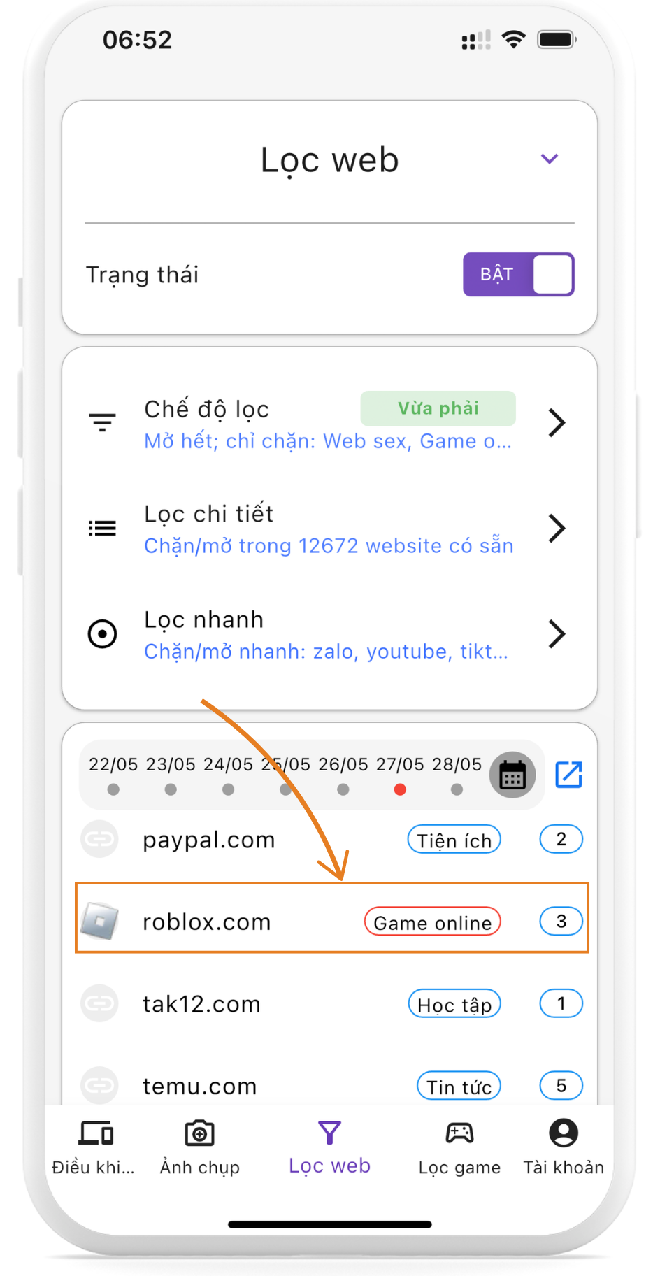 Tab lọc chi tiết