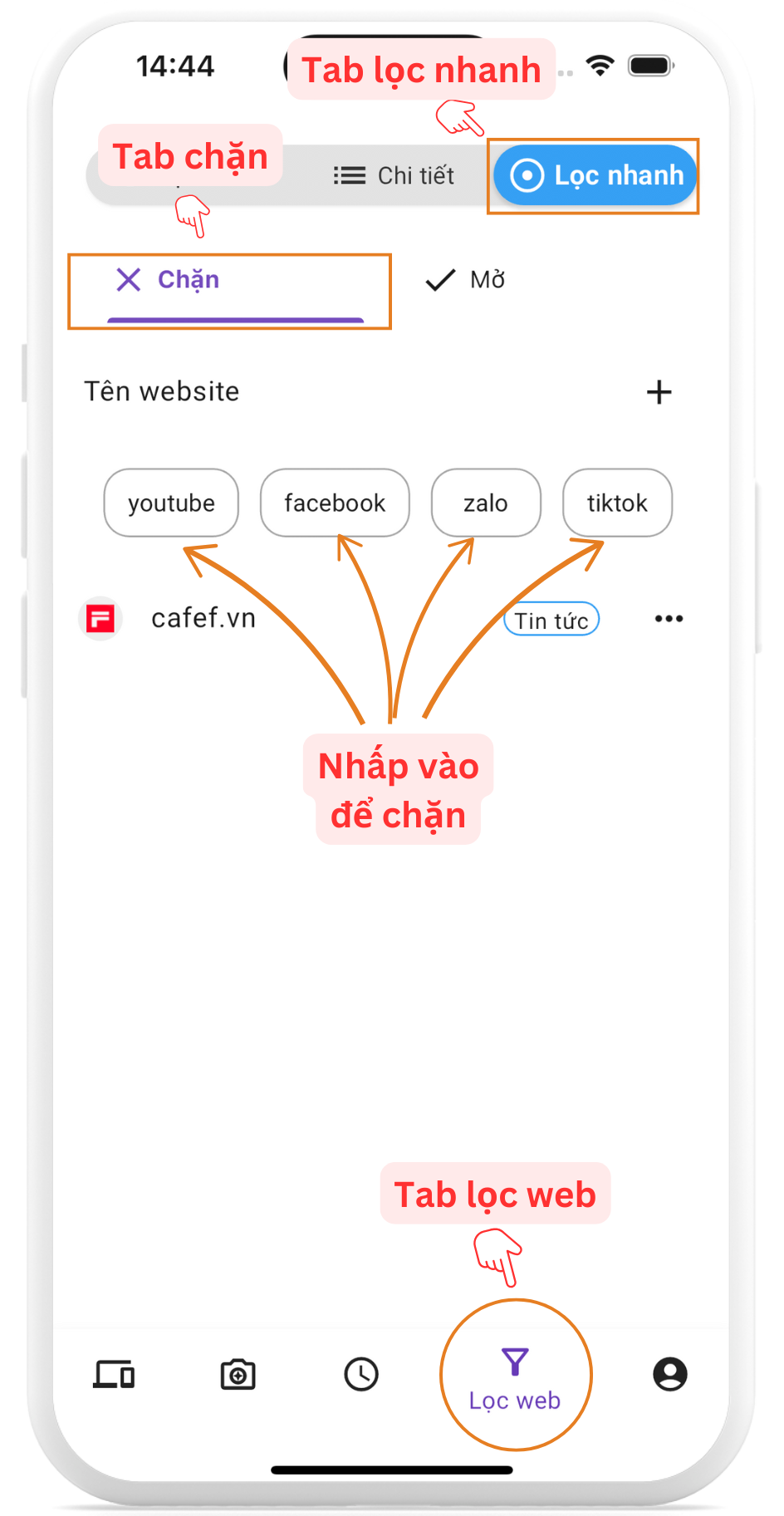 Chọn để chặn youtube, facebook, zalo, tiktok