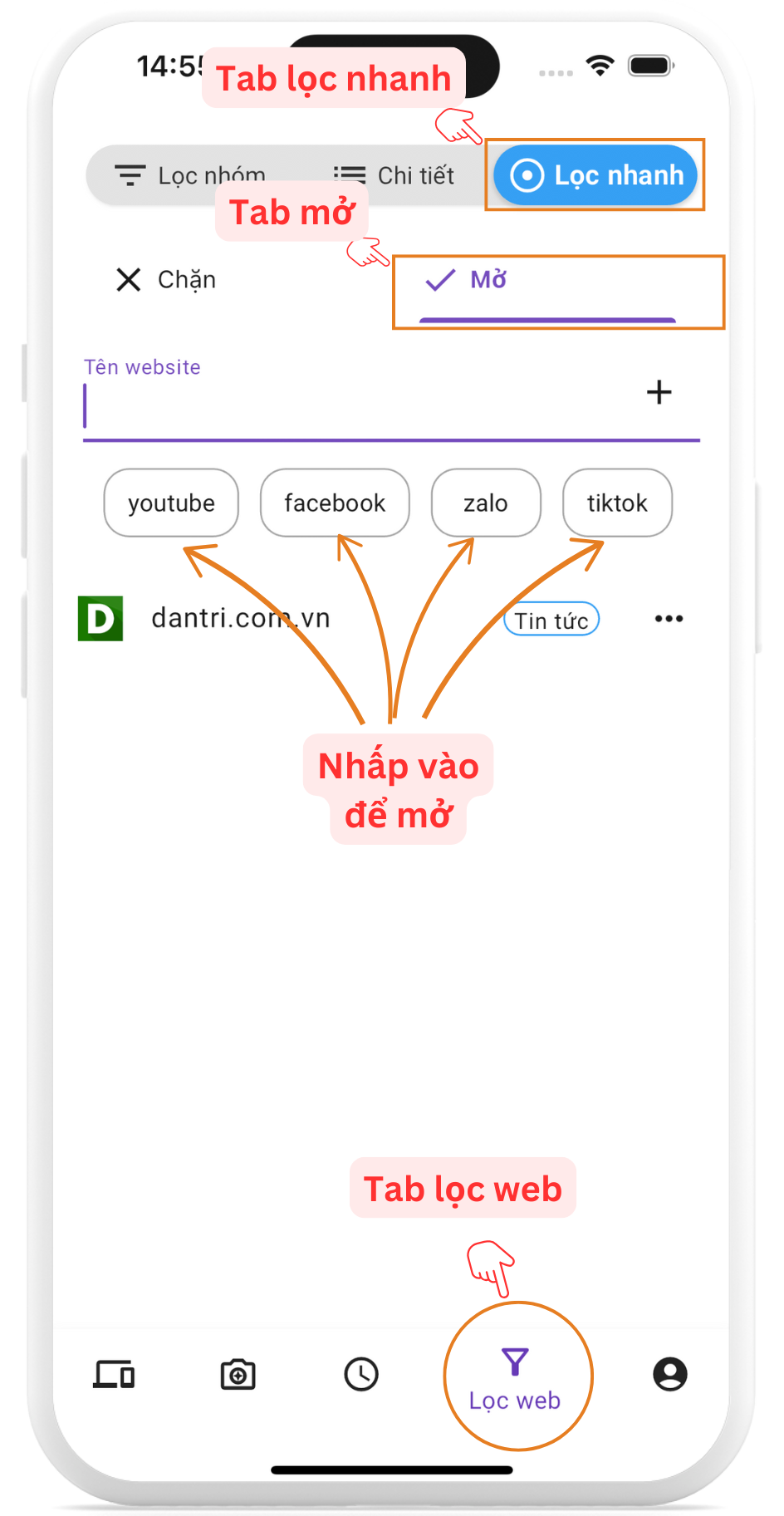 Chọn để mở youtube, facebook, zalo, tiktok