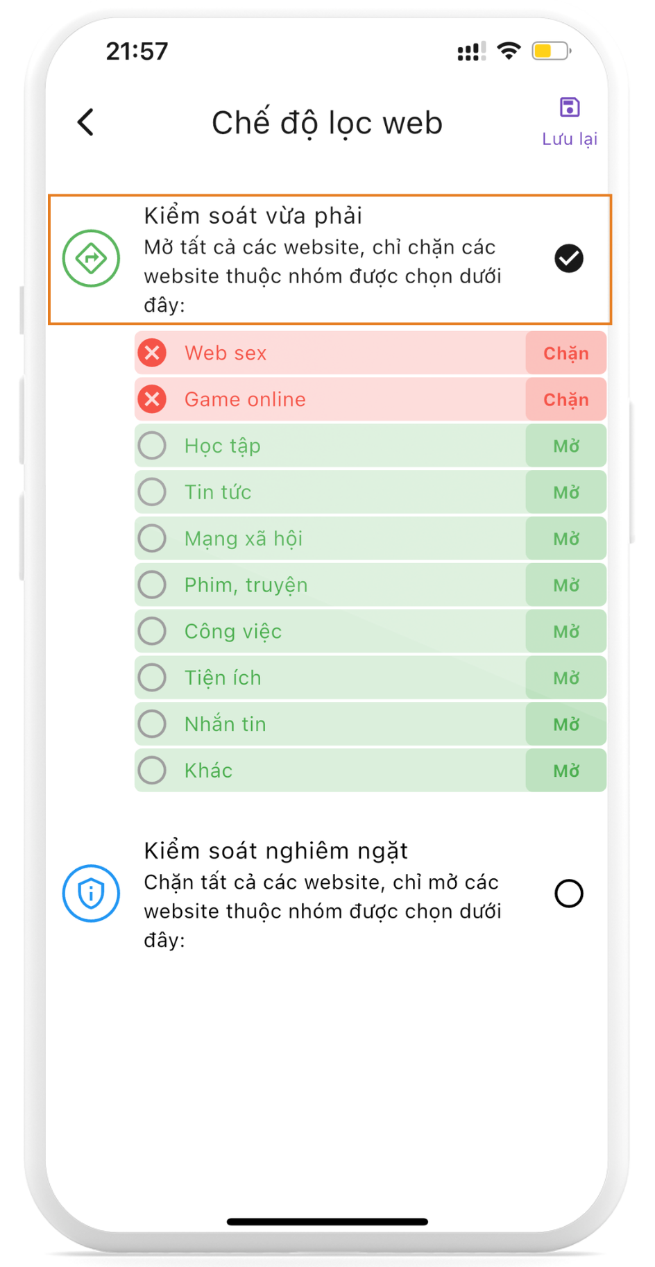 Chế độ kiểm soát mạng vừa phải