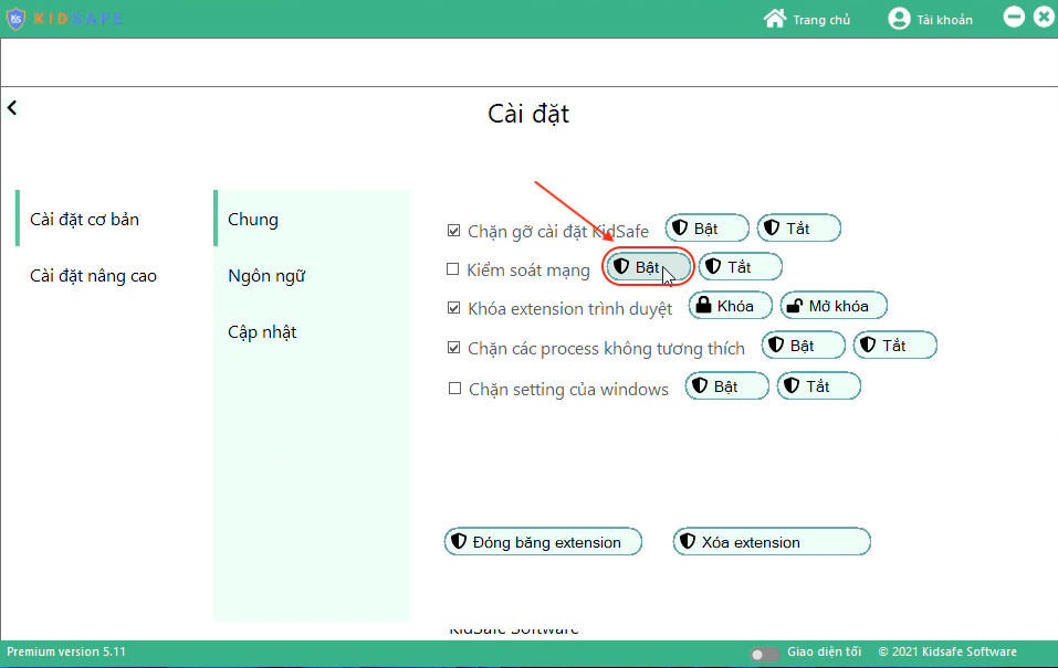 Bật kiểm soát mạng