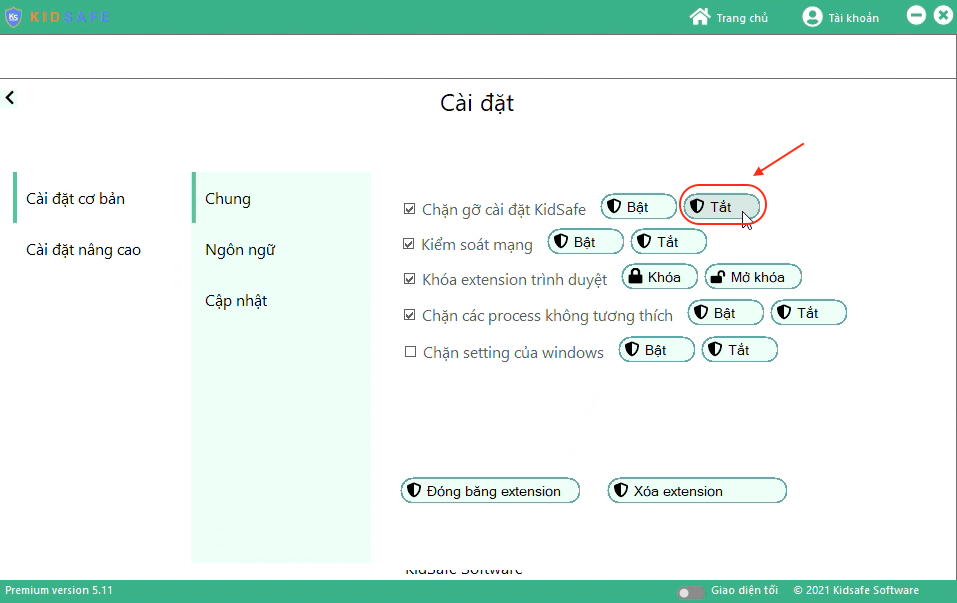 Tắt chặn gỡ cài đặt