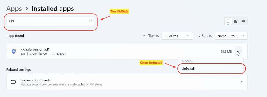Tìm và chọn gỡ KidSafe