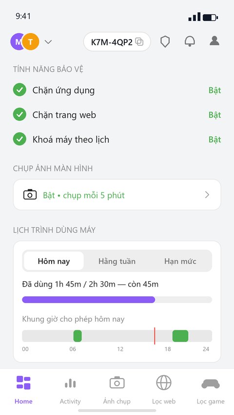 Màn hình chính app KidSafe Admin